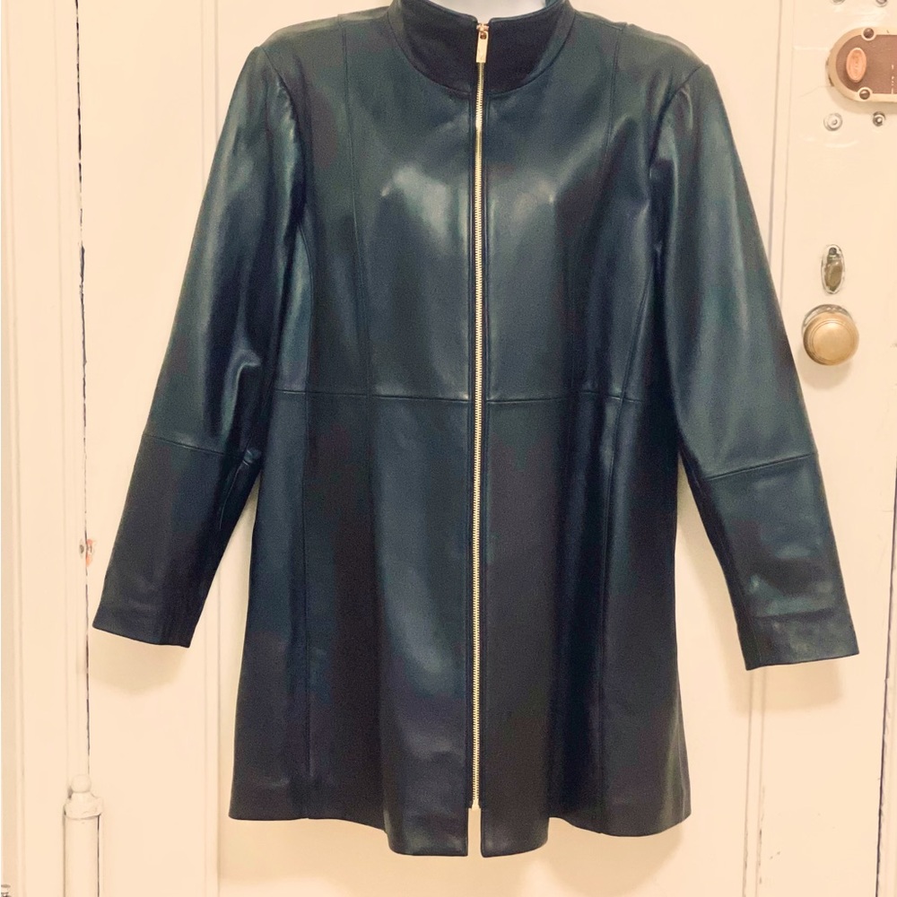 NWOT Anne Klein Womens Stand-Collar Black Leather Walker Coat Jacket  Size-PXXL